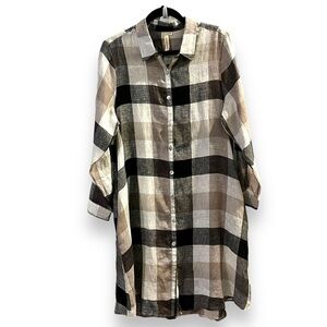 Match Point Shirt Dress 100% Linen Big Plaid Roll Tab Sleeves Black Beige Small